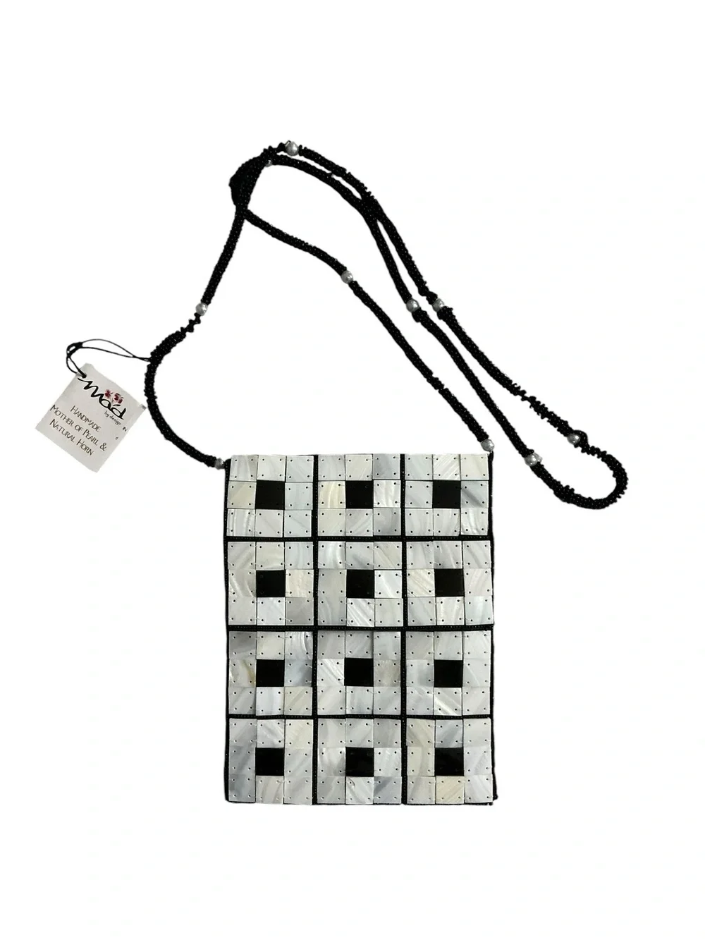 Handmade Mother of Pearl & Natural Horn Beaded Crossbody Bag Black White